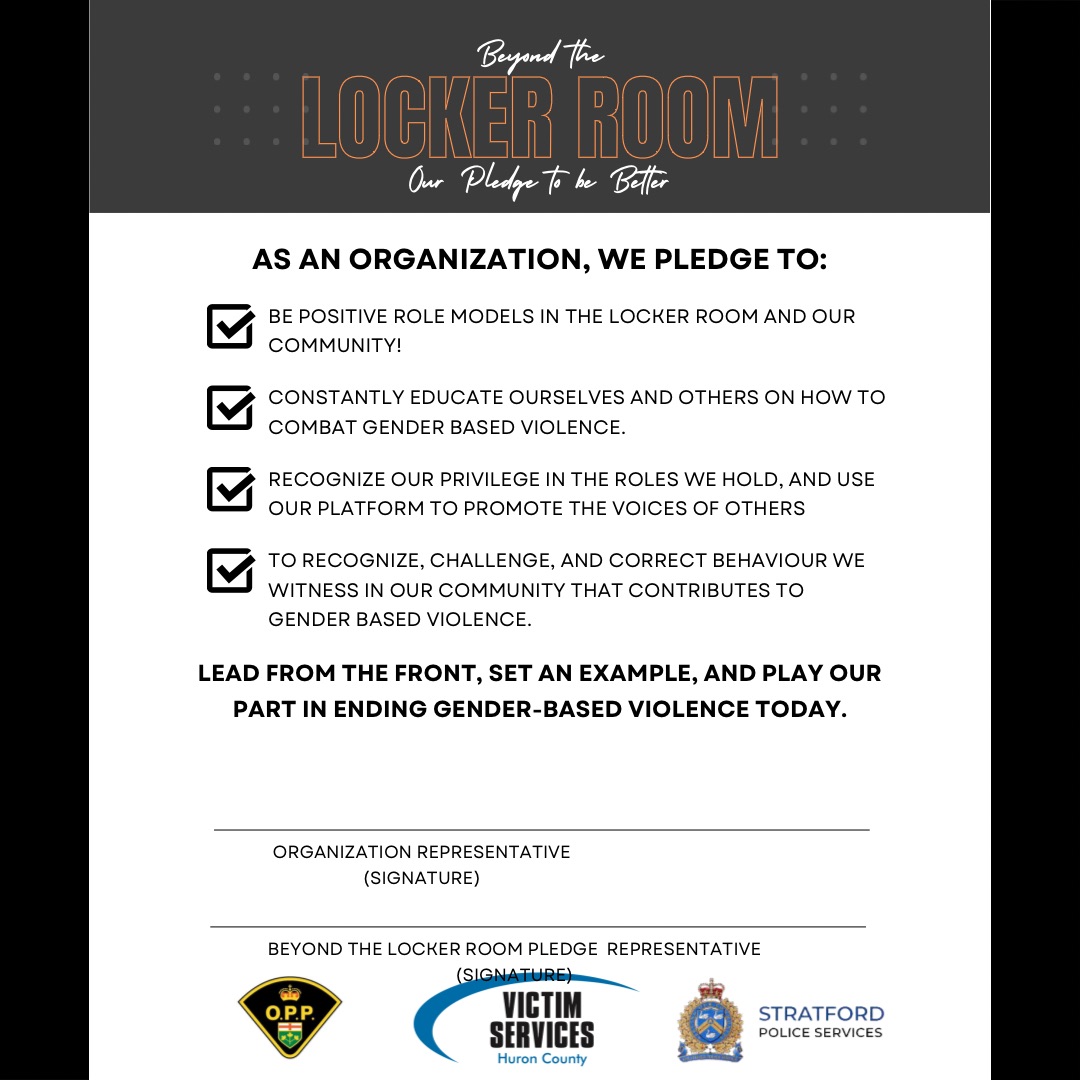SPSmediaoffice's tweet photo. #SPS is proud to announce a new initiative with @HuronVS called Beyond the Locker Room aimed at ending Gender Based Violence in our community. If you are part of a sports team or organization and wish to take the pledge you can contact info@victimserviceshuron.ca or Cst Fischer https://t.co/XrQLjAl6yd