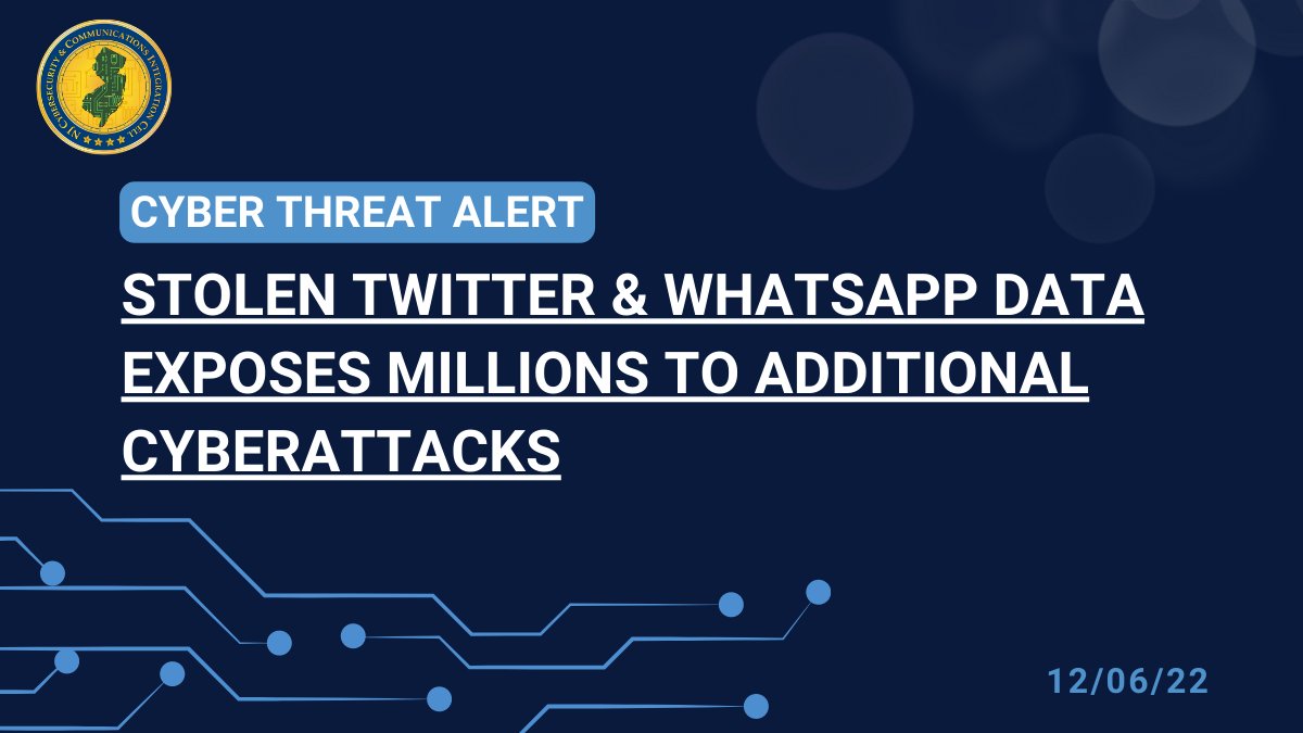 NJCybersecurity's tweet photo. Records leaked in the recent #Twitter and #WhatsApp #databreaches can be used for future cyberattacks. Users whose accounts may have been compromised should enable MFA and be cautious with unsolicited emails, text messages, and phone calls!

Learn more: https://t.co/a4QarjsyFU https://t.co/pUZIBIAMZL