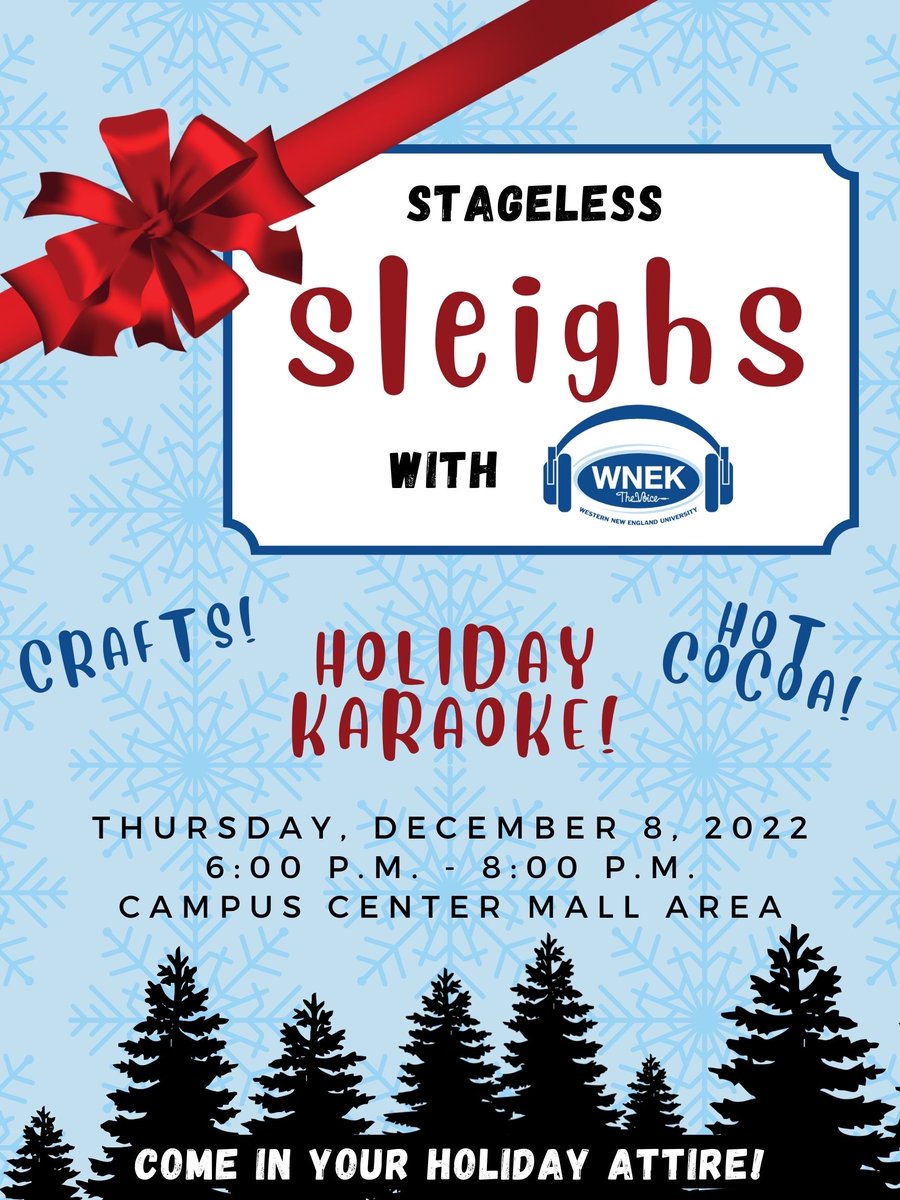 Join us with Stageless Players this Thursday for Stageless Sleighs with WNEK! We will have hot chocolate, holiday karaoke, and fun crafts for everyone. Hope to see you all there! ❄️