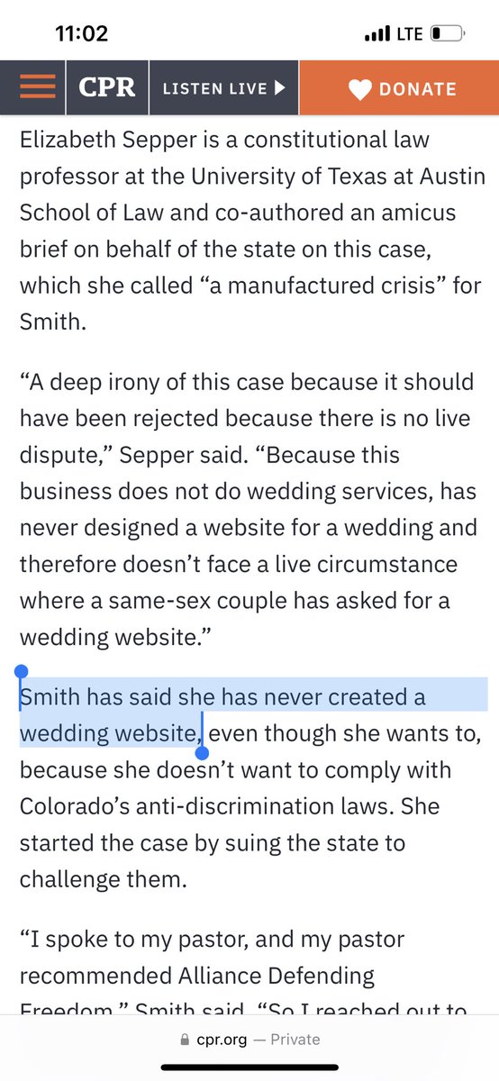 The most predictably inane thing about the wedding website religious liberty case is that no queer couple has ever asked Lorie Smith to make a wedding website for them, because she is not a wedding website designer