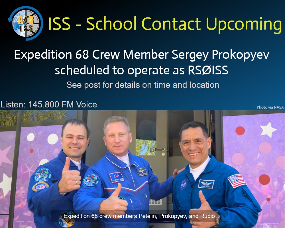 ARISS_Intl's tweet photo. A second ISS student contact is scheduled on Saturday 10, December.   

At 6:10 AM ET / 11:10 UTC / 2:10 PM MSK ISS crew member Sergry Prokopyev with talk directly with students in the Republic of Mordovia.   

Sergey will use callsign #RS0ISS from the space station. https://t.co/jsa3XAwCsi