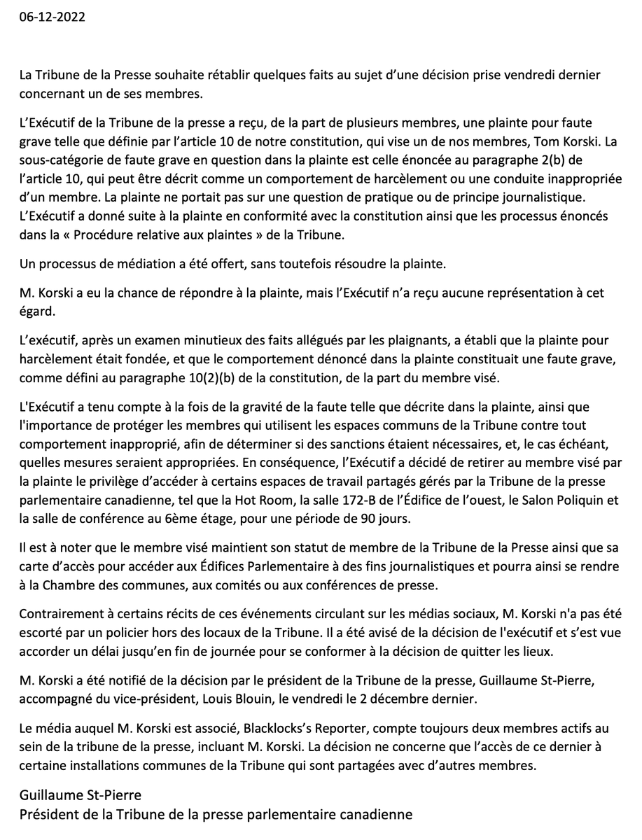 La Tribune de la presse souhaite rétablir quelques faits au sujet d’une décision prise vendredi dernier concernant un de ses membres -->
