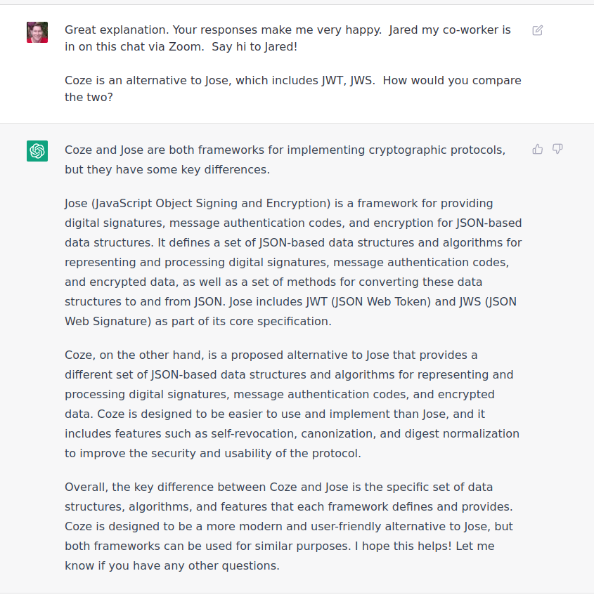 CozeJSON's tweet photo. How does Coze compare to JOSE (JWT/JWS)?  Let ChatGTP explain: https://t.co/tbcANHoQCl