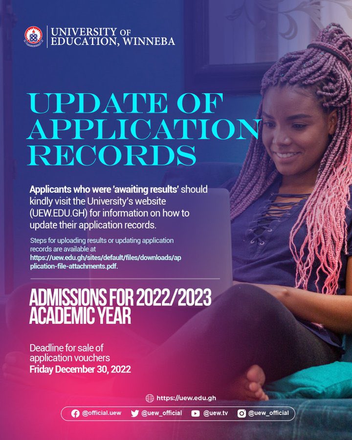 BigBenCentral's tweet photo. Following the release of the 2022 WASSCE Results, the admissions office, UEW wishes to inform all those who applied to the University as awaiting results applicants to update their application records.

Kindly follow the link below for details 
https://t.co/l0L1RyFqdE… https://t.co/KhFDK8tBlr