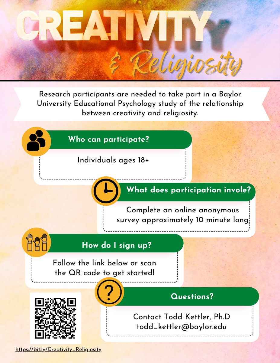 Exciting opportunity to support research on the relationship between creativity and religiosity. The survey will take approximately 10 minutes. Follow this link for additional details: 
baylor.qualtrics.com/jfe/form/SV_3q…