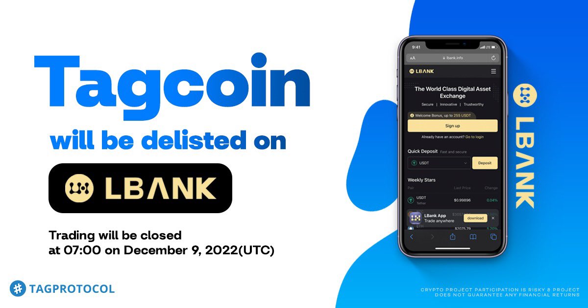 tagprotocol's tweet image. Due to lack of trading volume we have decided to delist from Lbank. It is not adding any further value to the ecosystem growth.