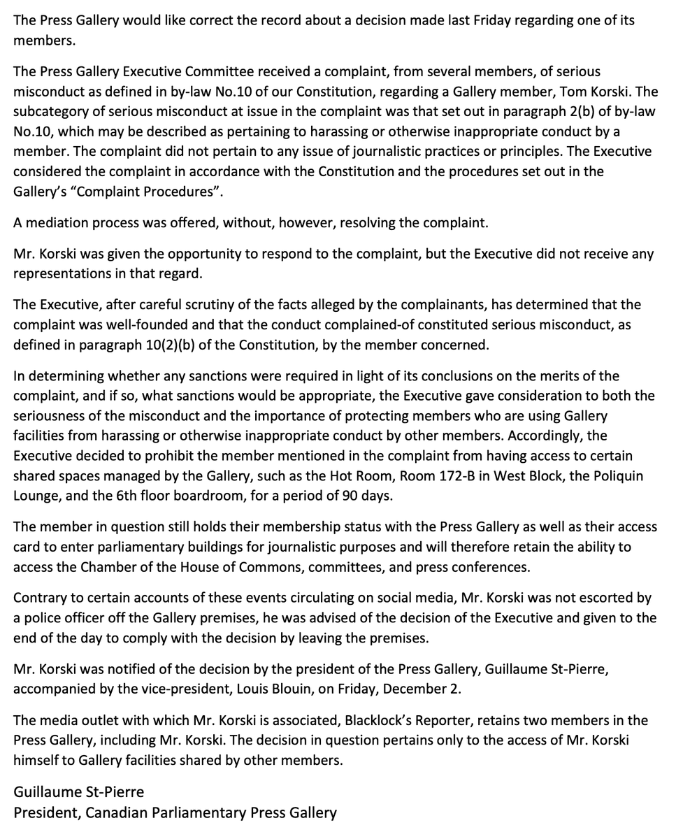 The Press Gallery would like to correct the record about a decision made last Friday regarding one of its members. -->