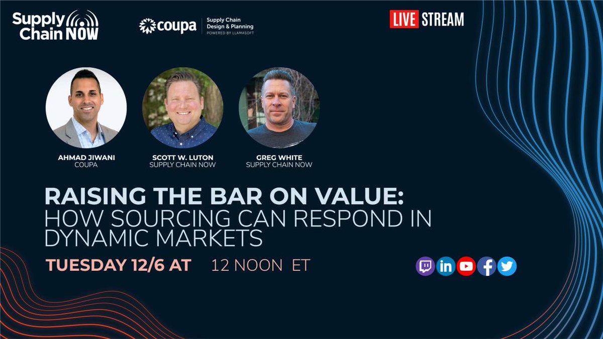 _supplychainnow's tweet photo. 🎤 Join @ScottWLuton and @gregoryswhite with @_supplychainnow today as they welcome Ahmad Jiwani with @Coupa to the live stream!

➡ Register and meet us here at 12 noon ET: https://t.co/OXxRRCRBkA 
#supplychainnow #supplychain #Coupa https://t.co/bt0m9DMQgv