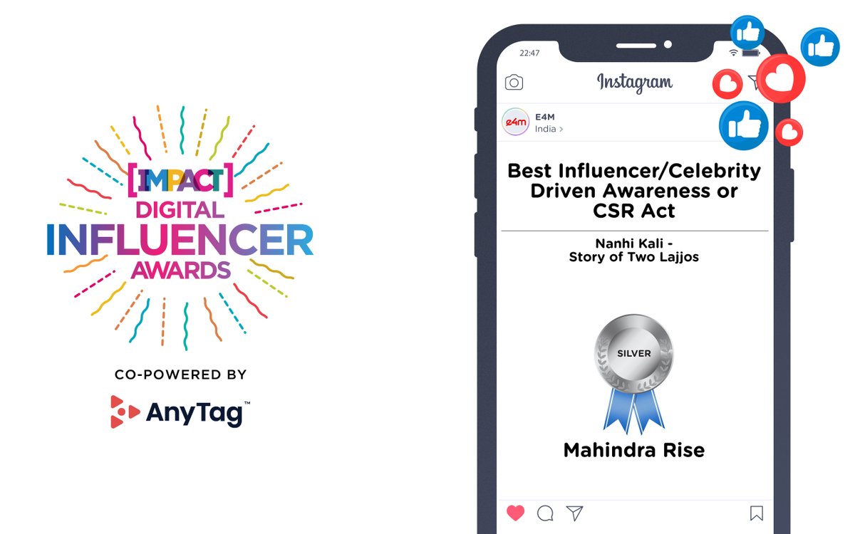 e4mevents's tweet photo. Cheers to the team Interactive Avenues- A Reprise Network Company & Mahindra Rise for winning Silver in the category- Best Influencer/Celebrity Driven Awareness or CSR Act at the #ImpactDigitalInfluencer Awards 2022 @MahindraRise @weRinteractive @AnyMindGroup https://t.co/D0un1WWH4f