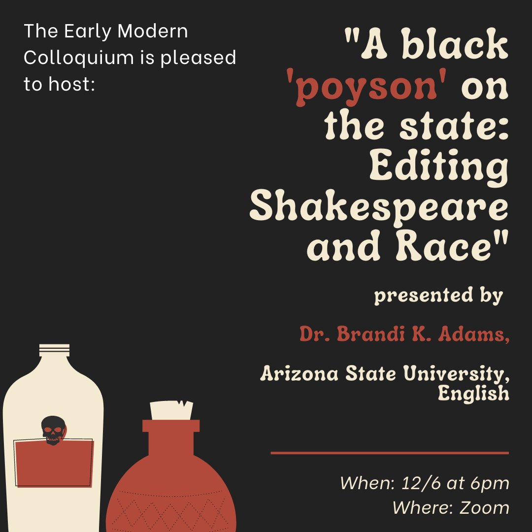 Thrilled to have @bkadams visit w/ us virtually tonite at <a href="/EnglishUW/">EnglishUW</a> for a 6 PM CT talk on Editing Shakespeare &amp; Race. Kudos to EM Colloquium organizers, esp. Megan E. Fox, who helped to make this possible! If you want to join, DM me (even better: email or text me) for Zoom link