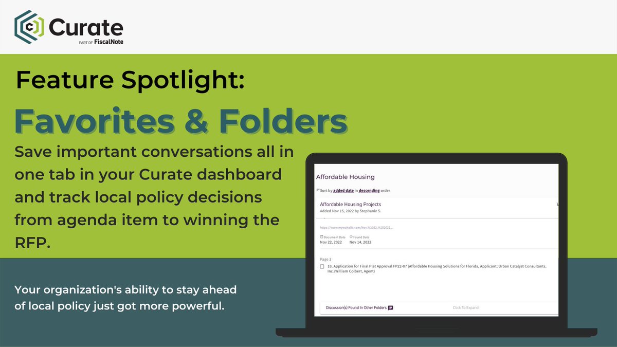 Track business development opportunities through the entire decision-making lifecycle with Curate's Favorites and Folders features. Organize vital conversations all in one tab and collaborate with colleagues to win new business. #localgovernment #localpolicy #businessdevelopment