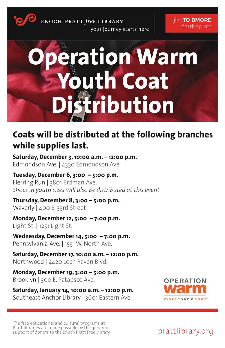 Pratt Library hosts FREE coat distribution for youth at city branches, including the Waverly Branch Library this Thursday, Dec 8 at 3:00-5:00 pm and Northwood Library on Sat, Dec 17 at 10:00am - Noon.
Coats will be available for babies, children &amp; teens, first come/first served