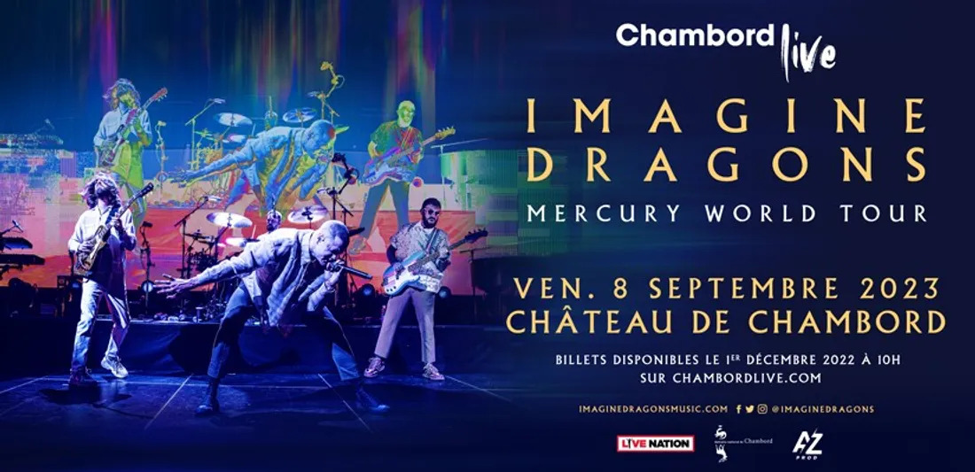 ImagineDragonsF's tweet image. RT + FOLLOW afin de participer à notre concours pour vous faire gagner 2 billets pelouse + aller-retour en bus (départ de Paris, Rennes, Laval, Le Mans, Nantes ou Angers) pour le concert d&apos;Imagine Dragons au château de Chambord le 8 septembre 2023 !!