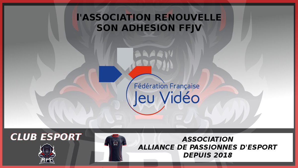 A.P.E. Association🐒 (@apeassociation) on Twitter photo L' #esport Français nécessitant toujours un encadrement sain , des valeurs pérennes et une promotion collective auprès des institutions ; cette année encore notre Association rejoint les autres #associations composants la <a href="/ffjv_officiel/">FFJV : Fédération Française de Jeu Vidéo</a> .
Merci a eux ! L' #esport Français nécessitant toujours un encadrement sain , des valeurs pérennes et une promotion collective auprès des institutions ; cette année encore notre Association rejoint les autres #associations composants la <a href="/ffjv_officiel/">FFJV : Fédération Française de Jeu Vidéo</a> .
Merci a eux !