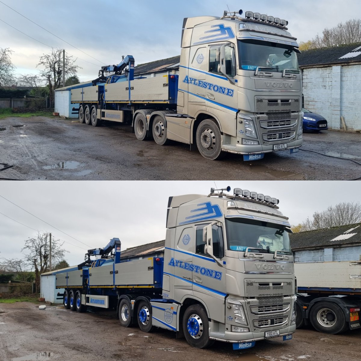 Trucker__Andy's tweet photo. Before and after. Definitely was #WinterSpec, now looking as she should. Pride restored. #TeamAylestone #VolvoTrucks @VolvoTrucks @VolvoTrucksUK #SDCTrailers @SDCtrailers #HMFCranes @HMFCranesUK #TruckAndDriver @TrucknDriver https://t.co/gw8J6r6A7l