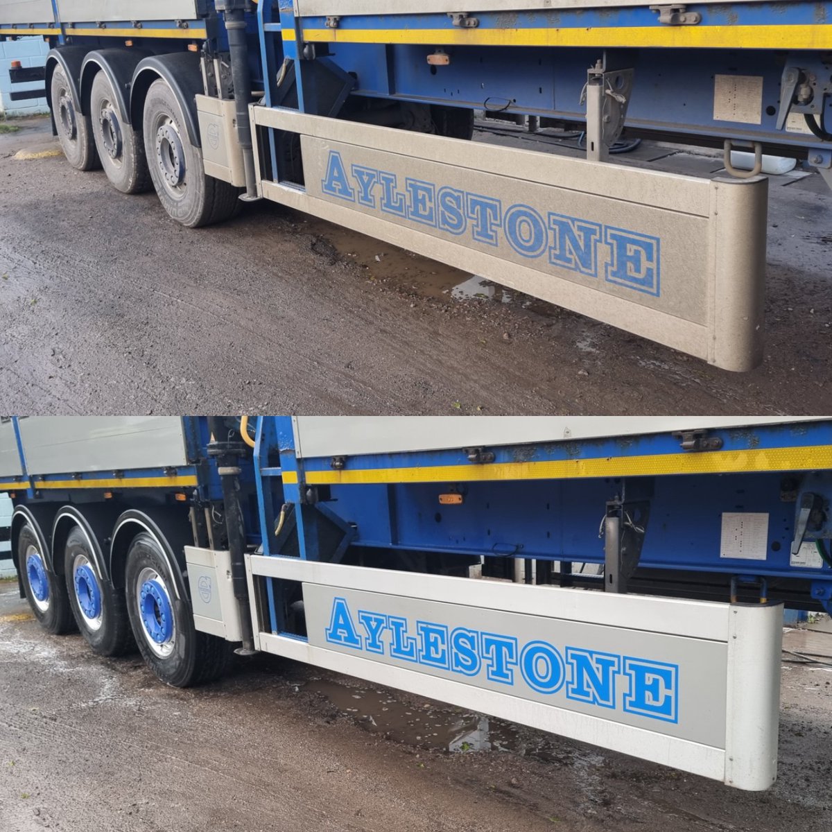 Trucker__Andy's tweet photo. Before and after. Definitely was #WinterSpec, now looking as she should. Pride restored. #TeamAylestone #VolvoTrucks @VolvoTrucks @VolvoTrucksUK #SDCTrailers @SDCtrailers #HMFCranes @HMFCranesUK #TruckAndDriver @TrucknDriver https://t.co/gw8J6r6A7l