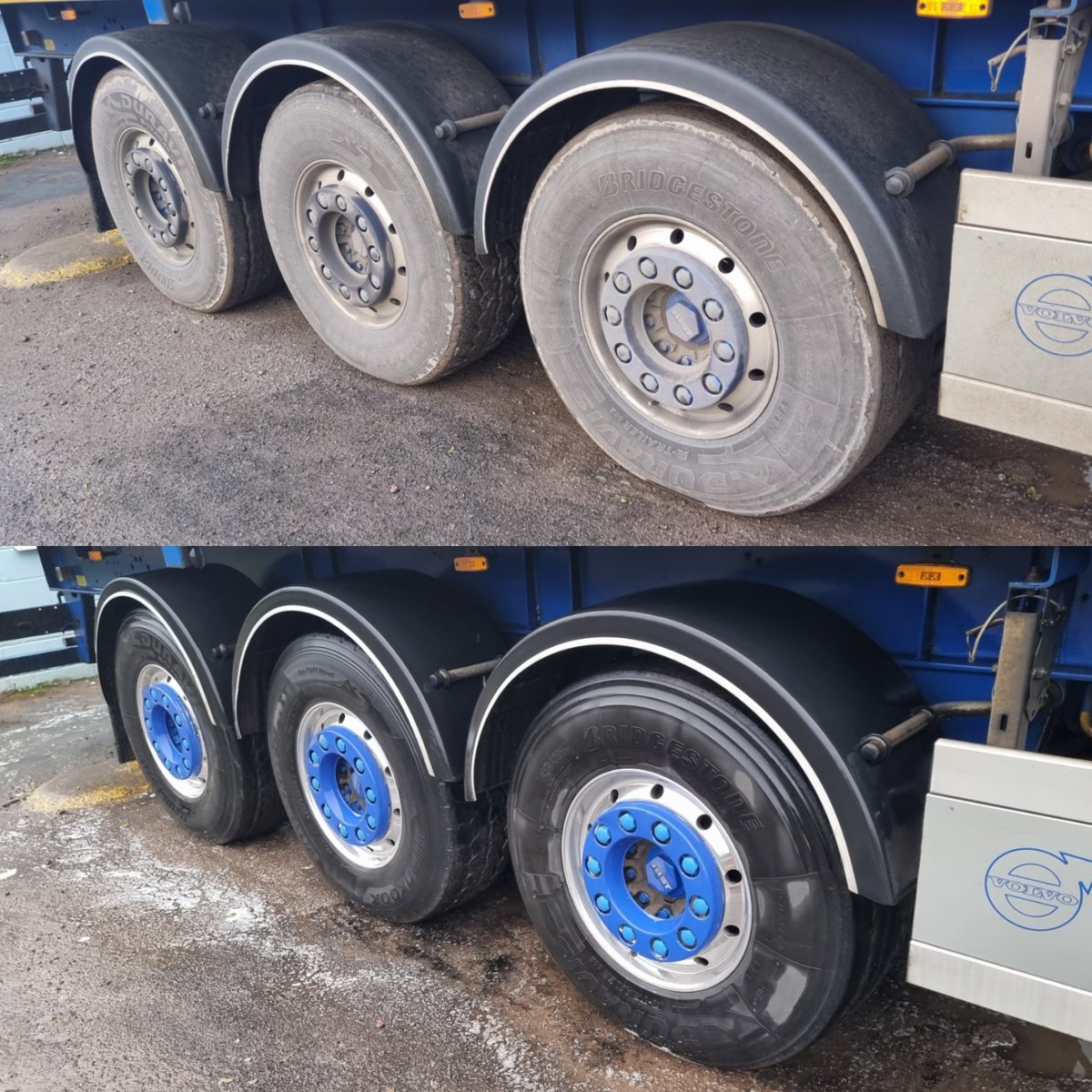 Trucker__Andy's tweet photo. Before and after. Definitely was #WinterSpec, now looking as she should. Pride restored. #TeamAylestone #VolvoTrucks @VolvoTrucks @VolvoTrucksUK #SDCTrailers @SDCtrailers #HMFCranes @HMFCranesUK #TruckAndDriver @TrucknDriver https://t.co/gw8J6r6A7l
