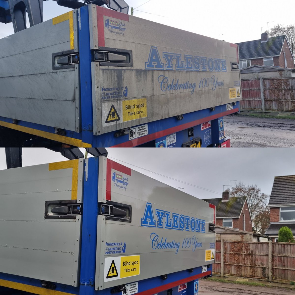 Trucker__Andy's tweet photo. Before and after. Definitely was #WinterSpec, now looking as she should. Pride restored. #TeamAylestone #VolvoTrucks @VolvoTrucks @VolvoTrucksUK #SDCTrailers @SDCtrailers #HMFCranes @HMFCranesUK #TruckAndDriver @TrucknDriver https://t.co/gw8J6r6A7l