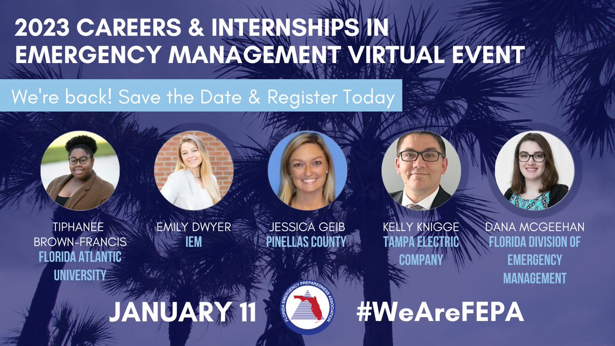 #Rescheduled Mark your calendars! 📅

Hear from a dynamic panel of emergency management professionals and connect with peers and other EM leaders via a Zoom breakout session at the FEPA Careers &amp; Internships in EM virtual event #AEMO #EMGTwitter Register➡ lnkd.in/g-UwDcxP