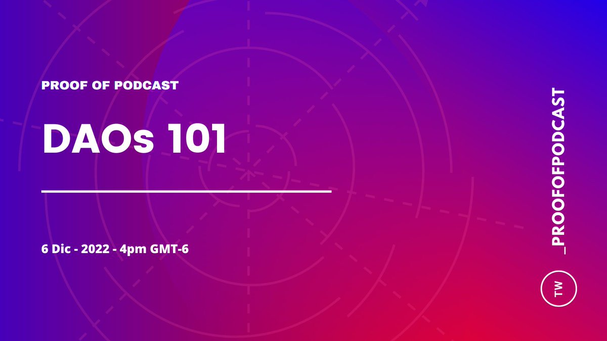 Únete a nuestro space este 6 de Diciembre y aprende sobre los conceptos básicos de DAOs (Organizaciones Autónomas Descentralizadas) 

¡Te esperamos!

🇲🇽 🇨🇴 🇪🇨 🇵🇪 🇵🇦 5pm
🇨🇷 🇳🇮 🇭🇳 🇸🇻 4pm
🇻🇪 🇵🇾 🇧🇴 6pm
🇦🇷 🇺🇾  7pm

Co-hosts:
<a href="/_JustinCast/">JustinCast</a>
<a href="/jafetsc/">Jafet</a>
<a href="/brolag/">Alfredo</a>

x.com/i/spaces/1lDGL…