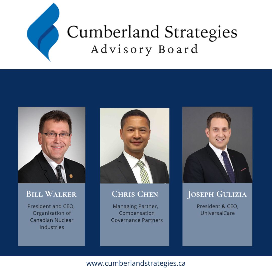 Cumberland Strategies is pleased to announce the addition of 3 new advisory board members, Bill Walker, Christopher Chen &amp; Joseph Gulizia. 

Read the full release here: 
 cumberlandstrategies.ca/board-members/