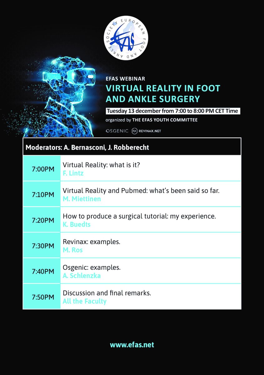 D-7: #EFAS WEBINAR: 
#virtualreality in #footandanklesurgery  
Tuesday 13 December from 7:00 to 8:00 PM CET Time

Moderators: <a href="/Dott_Bernasconi/">Dott. Alessio Bernasconi</a>, Joris Robberecht
Speakers: François Lintz, Mikko Miettinen, Kris Buedts, Maxime Ros, Arne Schlenzka

efas.net/members/events…