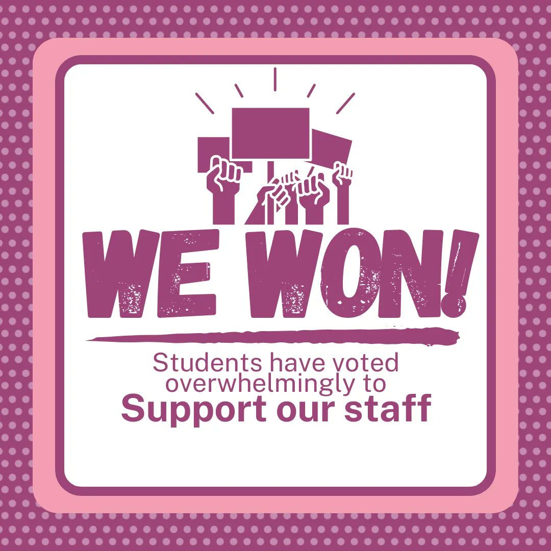 DUStudent4Staff's tweet photo. Last night we found out the results of the referendum, and student voice is clear: we support our staff
Students have voted overwhelmingly to back all industrial action and show workers at our university our full solidarity https://t.co/HfI4ffDHdn
