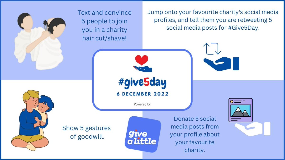 UKCharityWeek's tweet photo. There is still time for you to briefly take part in #UKCharityWeek❤️'s #Give5Day🖐️. 
Here are some things you could do right now before the day finishes at 5! https://t.co/ea3Fvx5KLL