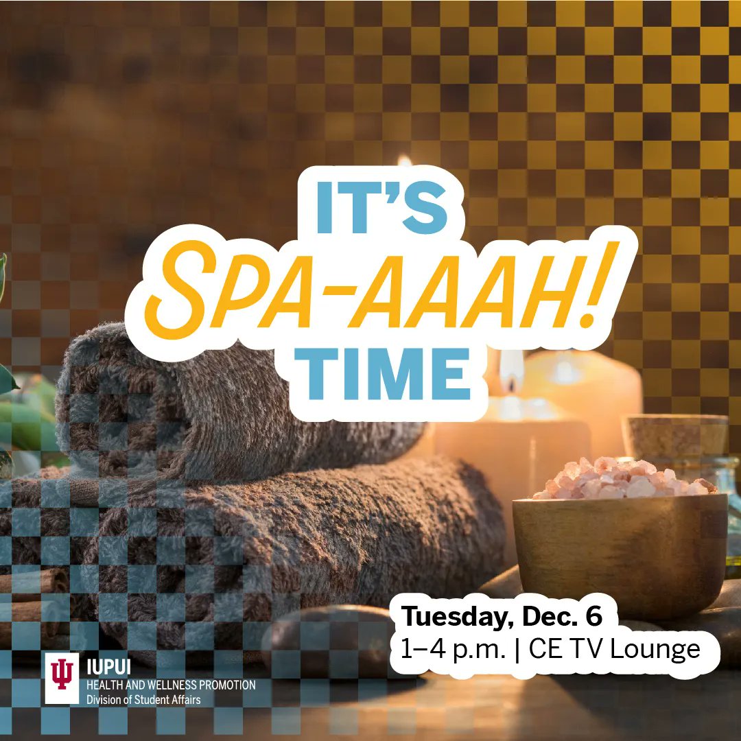 IUPUIwellness's tweet photo. We've got some great #StressBustersWeek events coming up today! Our featured events include Paws &amp; Relax, It's Spa-aaah! Time. and the De-Stress Fair. Come relax &amp; take a break at these events today -- You deserve it! Get the full schedule: https://t.co/470OiNZ5GS #iupui #Jagwell https://t.co/6nPPUnEOq7