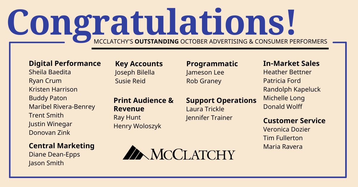 📢Let’s hear it for McClatchy's outstanding October Advertising & Consumer performers! Each and every one of these team members demonstrate exceptional performance in their roles. Thank you for all you do!🙌 #awards #employeeappreciation #mcclatchy #thankyou