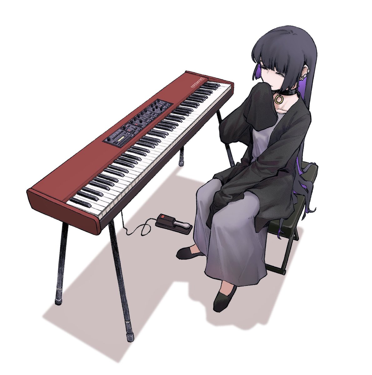 1girl instrument solo sitting dress long hair sleeves past wrists  illustration images