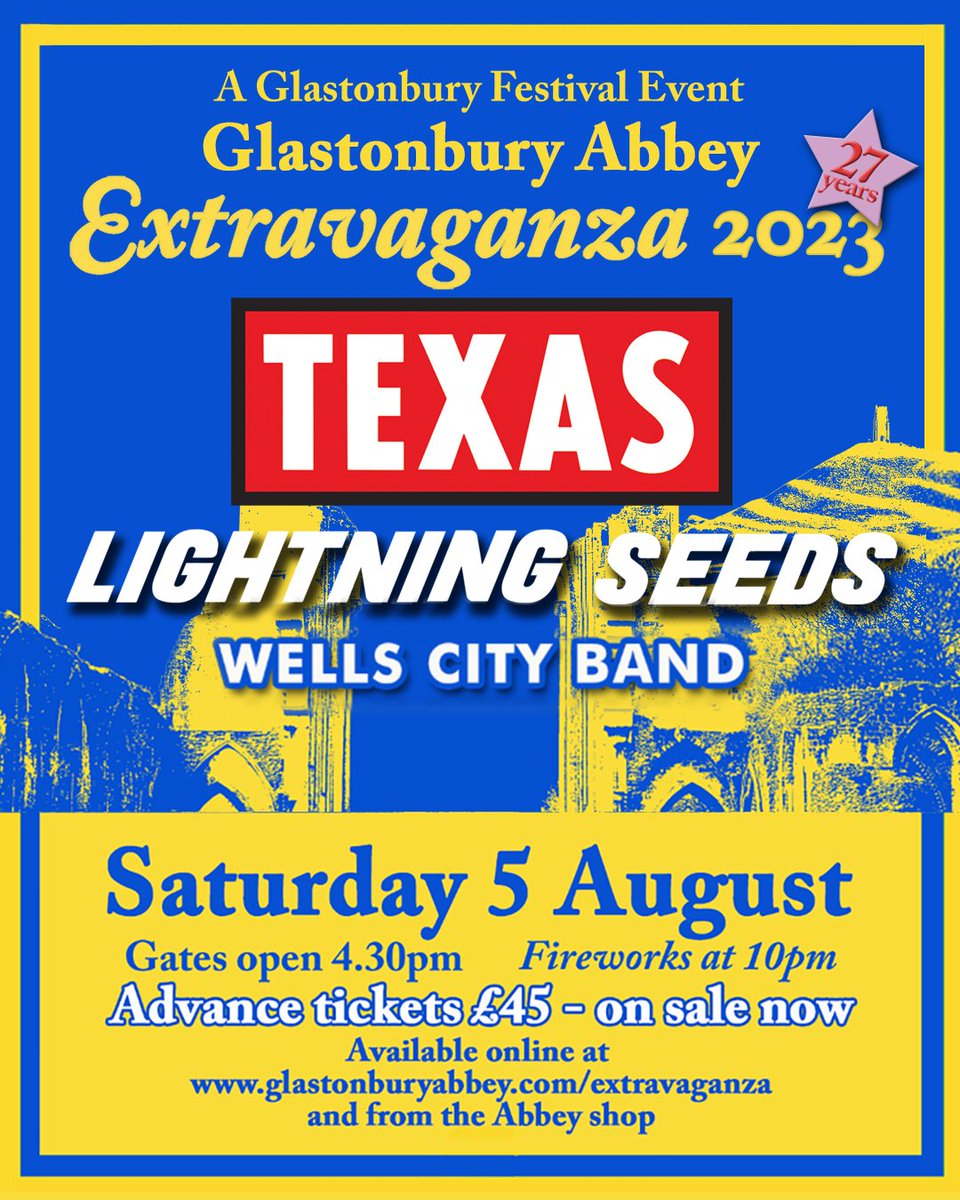 The Glastonbury Abbey Extravaganza concert will return on Saturday 5th August, 2023, with a headline performance from @texastheband plus special guests @Lightning_Seeds. Tickets are on sale now. Info / tickets glas.to/extrav23