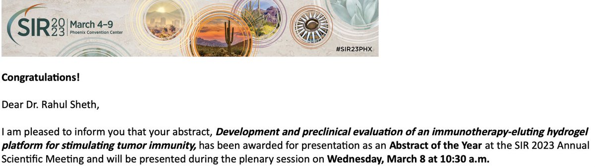 Thrilled to share that our @MDAndersonNews team will be presenting 9 research projects @SIRspecialists #SIR23PHX, including the Abstract of the Year! IR + immunotherapy will 🔥 🔥 at the meeting! Congrats to all the trainees presenting the fruits of their labor.