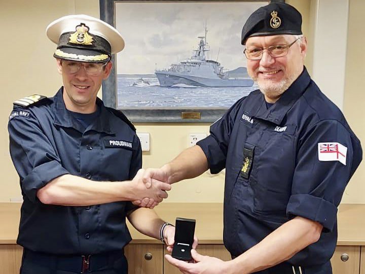Congratulations to Petty Officer Engineering Technician (Marine Engineer) Dearden for receiving a 2nd clasp for his Long Service &amp; Good Conduct medal. PO Rick Dearden has served the RN for 25 years and is well deserving of this award. BZ! 🇬🇧⚓️