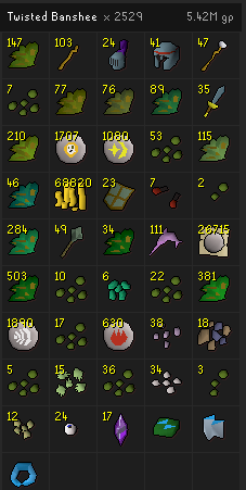 OSRSTankin's tweet photo. I started AFKing my slayer only account again about a week of killing Twisted Banshee's finally got all 46 drops at 2,529! I got 1-76 range as well. ( I am allowed to buy bronze arrows with GP I get from Slayer drops, but nothing higher than bronze &amp; a maple bow I can buy) https://t.co/BnteHTldKo