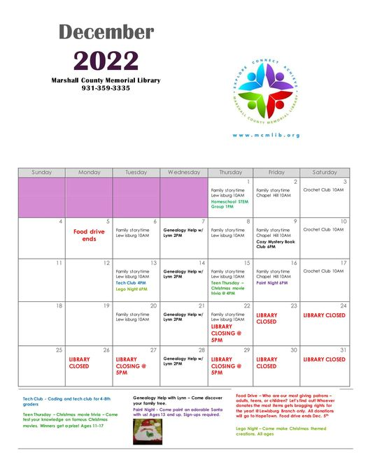 Join us for some holiday themed programs this month. We have holiday fun for all age groups! Click on the pic below to enlarge.
We are also collecting food for HOPEtown at the Lewisburg branch so drop off some food when you visit.