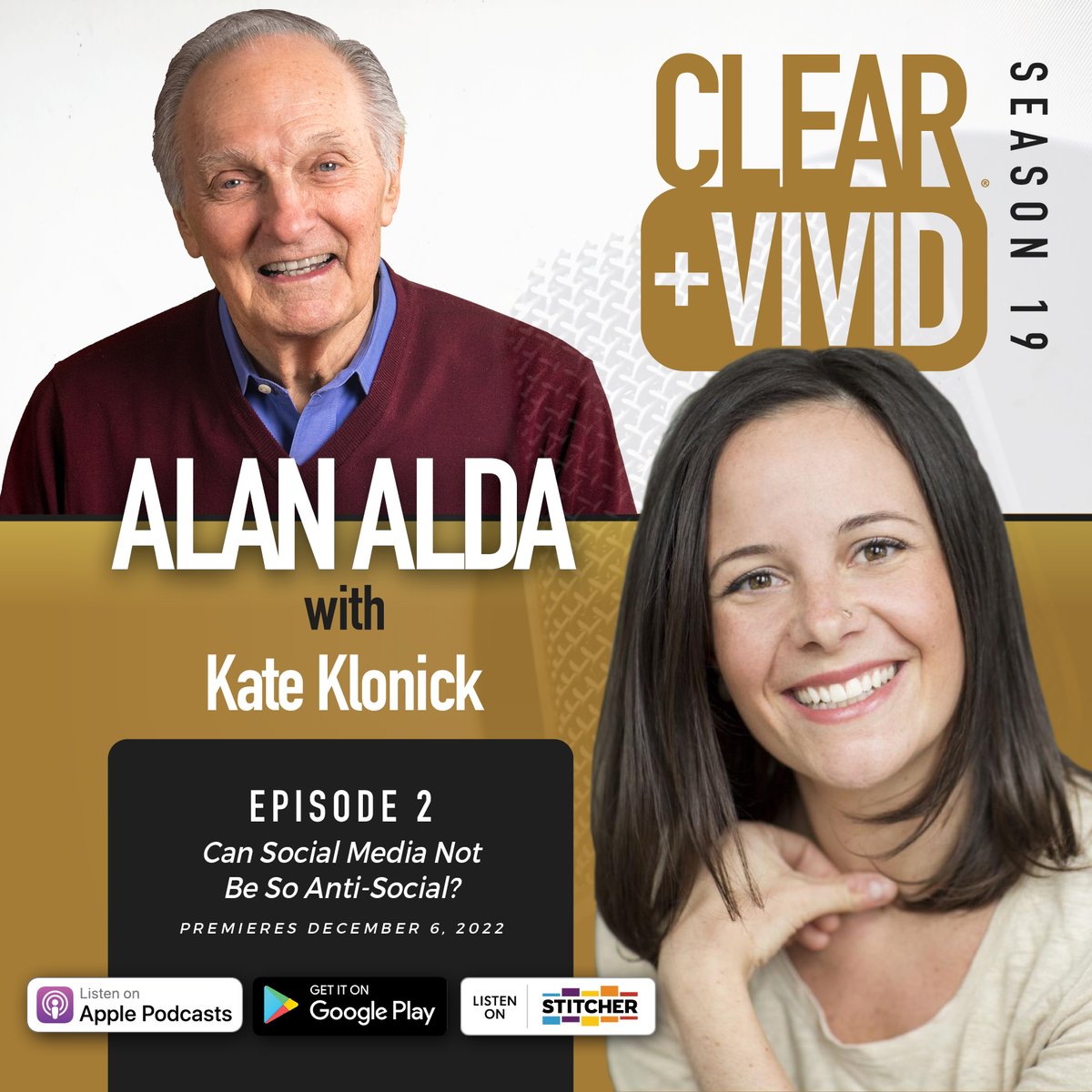 alda's tweet photo. It's PODCAST DAY! @AlanAlda chats with @Klonick. She unravels the chaos surrounding Elon Musk’s takeover of Twitter.
Available now on your favorite podcast destinations: https://t.co/OgM6njYxuX
After production costs, all proceeds of Clear+Vivid go to @AldaCenter. 🗣️💙 https://t.co/q1nY1n996T