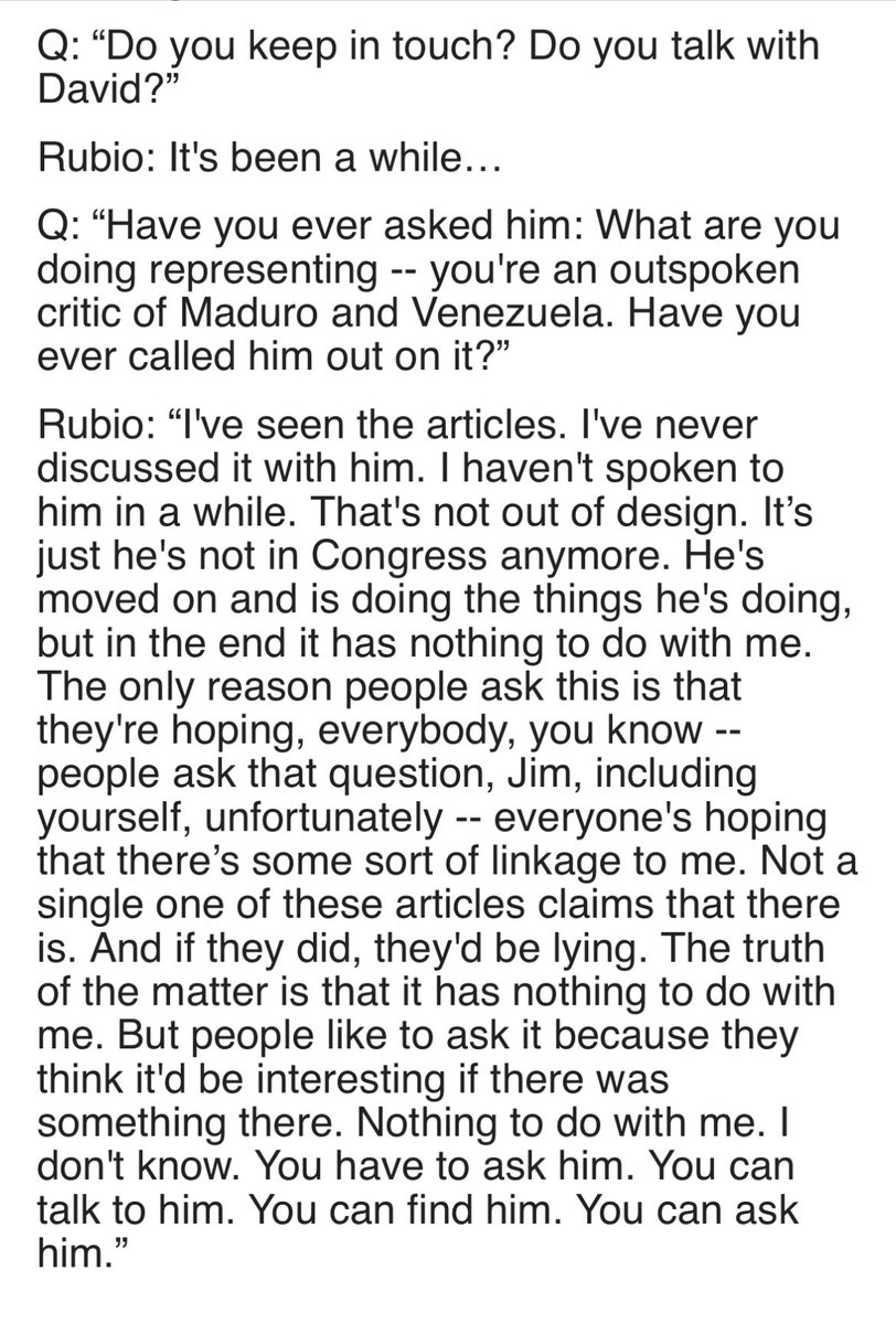 3/5 Rubio isn’t named in the indictment, isn’t considered a suspect & is referred to by his title. Just in case, I asked former Sen. Bill Nelson if he met with Rivera & he said “No. I didn’t talk to him” Because Rubio talks quickly, here’s the transcript of @DeFede’s interview