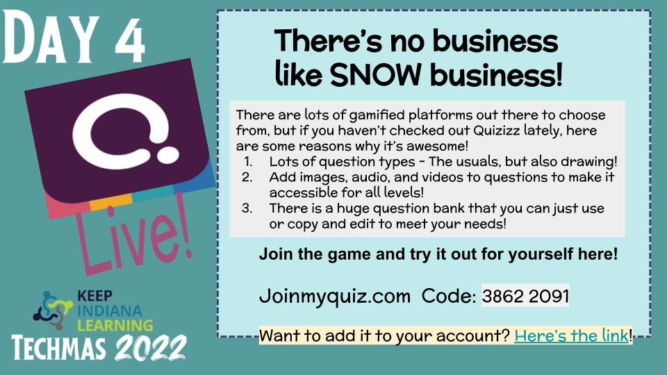 KeepINLearning's tweet image. .@quizizz is a sure bet to up student excitement &amp;amp; engagement! With a large question bank, you can use it tomorrow! #KINLTechmas #KeepINLearning #KeepIndianaMerry docs.google.com/presentation/d…