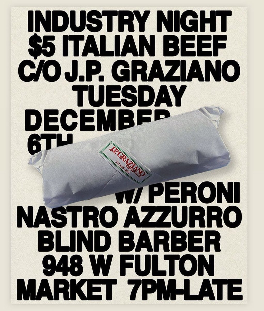 JPGraziano's tweet photo. Tonight!! The Best Beefs in the City are served in the back bar of a Barber Shop…this is Chicago after all. Come hang with me @blindbarber starting at 7pm. Hope to see you there! 
💈 🥩 🍺 🎧 https://t.co/TeDfYCgYe5