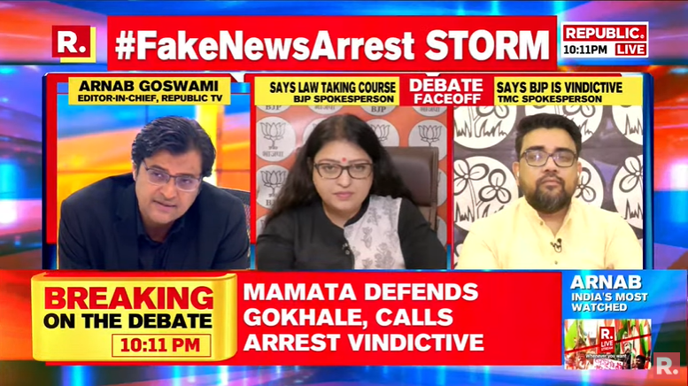 republic's tweet photo. #FakeNewsArrest justified or an overreaction? Fire in your views and watch Arnab #LIVE here - https://t.co/GAtGCvLDbU https://t.co/L7bpz2vTEg