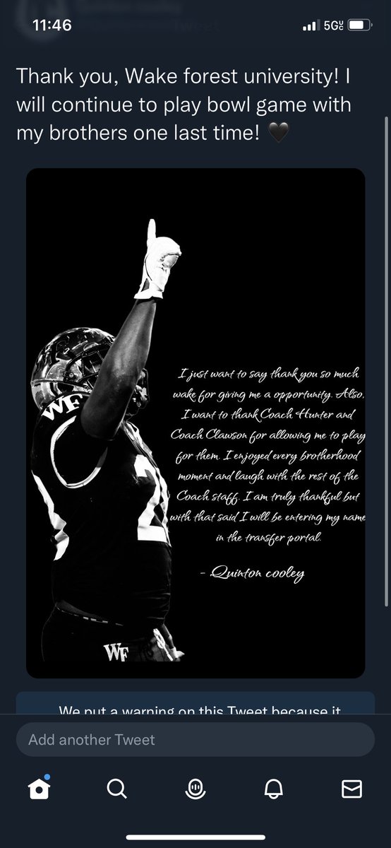 Quintoncooley2's tweet photo. Thank you Wake Forest University! I will continue to play in the bowl game with my brothers one more time! 🖤 https://t.co/fPsPz0Odyz