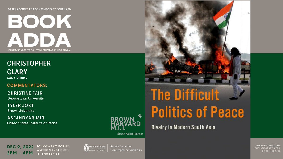 SouthAsiaBrown's tweet photo. Friday@2pm | Join us for a #BookAdda on @clary_co's new book, "The Difficult Politics of Peace" which looks at the India-Pakistan Rivalry since 1947 | Comments by @tcjost, @CChristineFair &amp; @asfandyarmir
 
⏰ 2:00 PM
 🔗https://t.co/8K1es33jlK
@WatsonInstitute
 
@ProfVarshney https://t.co/5XCHveJQtP