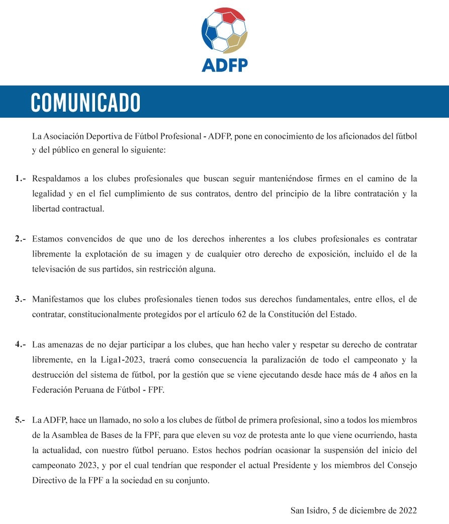 🚨 #ÚLTIMOMINUTO Mediante un contundente comunicado 📋, la ADFP dio su postura sobre los derechos televisivos 📺 y mostró su apoyo a los clubes de #LIGA1BETSSONXGOLPERU 🏆🇵🇪. Además manifestó su preocupación por la posible paralización 🚫 del torneo debido al mal accionar de FPF.