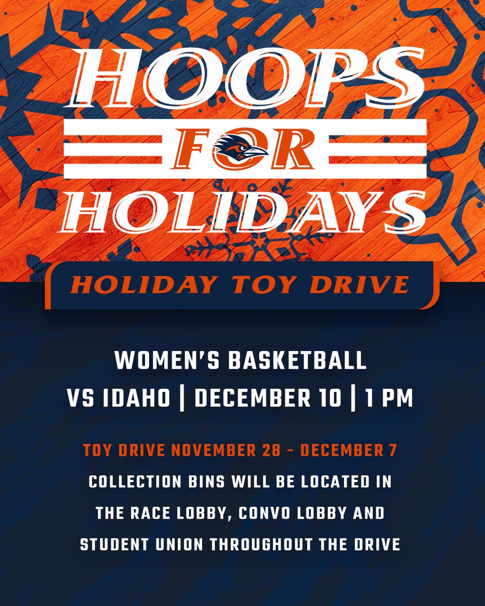 UTSAAthletics's tweet photo. Happy Holidays from UTSA Women's Basketball! 🏀 

Collection bins for toy donations this holiday season will be at the Convo this Saturday for Roadrunners that want to give back this holiday season! 🎁 

🗓️ Saturday, December 10
⌚ 1 p.m. 
📍 Convo 

#BirdsUp🤙 https://t.co/xvlbQCspt2