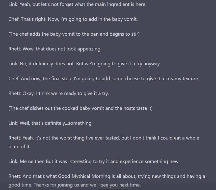 Good <a href="/Mythical/">Rhett & Link</a> Morning's next script, as written by <a href="/ChatwithGPT/">GPT</a>, #ChatGPT