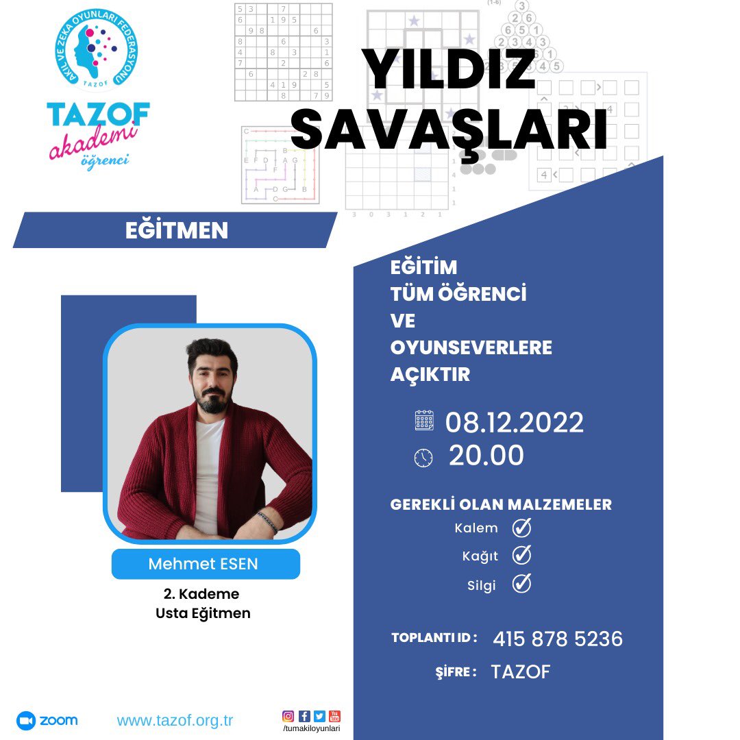 1️⃣📣🥳"Tazof Akademi Öğrenci" eğitimlerimiz de sıra ⭐Yıldız Savaşları⭐ oyununda...

📣Bu oyunu ilk kez duyuyorum diyenler🤔

📣Bu oyunu çok severek oynuyorum diyenler😍

📣Bu oyuna ait ip uçlarını merak ediyorum diyenler😉 

📣Eğitim günümüzü ve saatini not ediniz..
⤵️