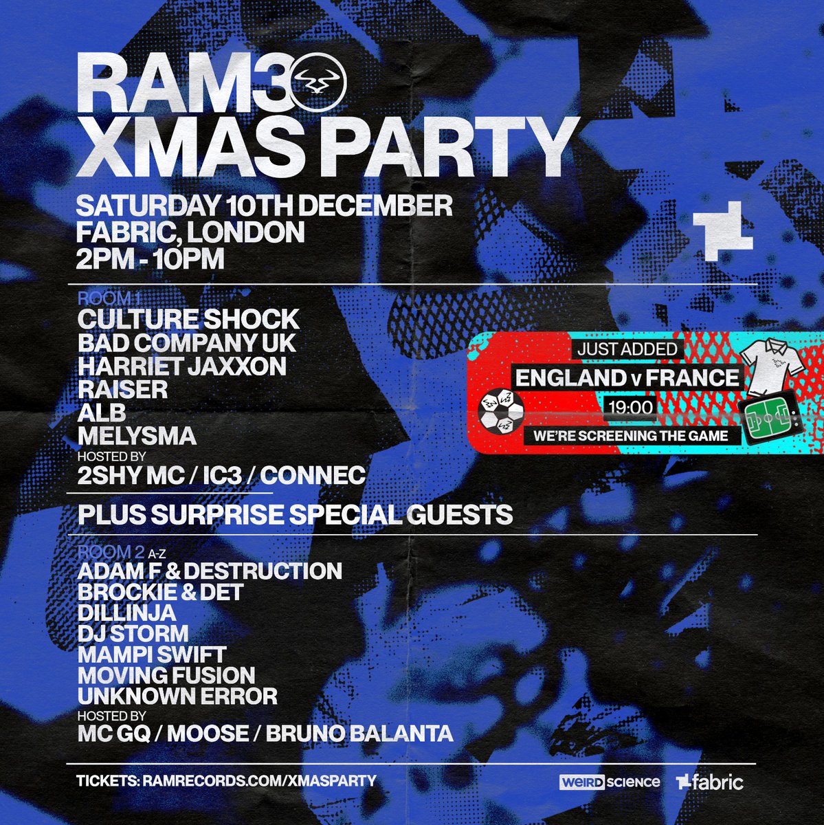 They say you shouldn't have your cake and eat it, but we totally disagree. So in collaboration with fabric, we will be going ahead as planned this Saturday and we will also be screening the football as part of the event. Let's do this! 🤩 ramrecords.com/xmasparty