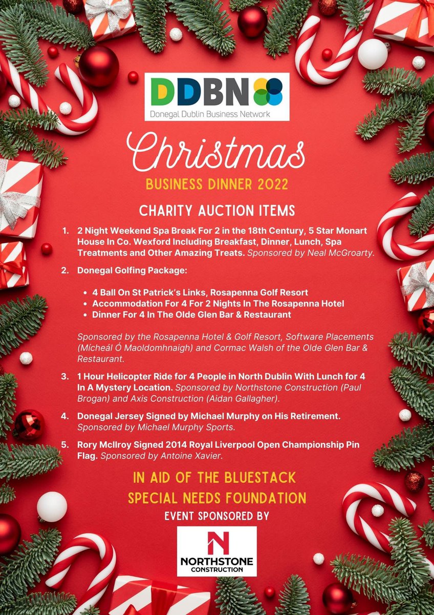 ddbn_ie's tweet photo. One more sleep to our Christmas event, (on Wed. evening). 

We have a super line up raffle &amp; auction items. Many thanks to sponsors. 

Event sponsor: Northstone Construction @brogan_paul 

This year we are raising funds for:  Bluestack Special Needs Foundation. @bluestackSNF https://t.co/rkgbUBV78s