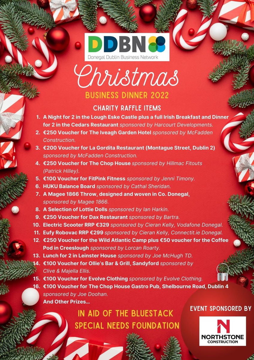 ddbn_ie's tweet photo. One more sleep to our Christmas event, (on Wed. evening). 

We have a super line up raffle &amp; auction items. Many thanks to sponsors. 

Event sponsor: Northstone Construction @brogan_paul 

This year we are raising funds for:  Bluestack Special Needs Foundation. @bluestackSNF https://t.co/rkgbUBV78s